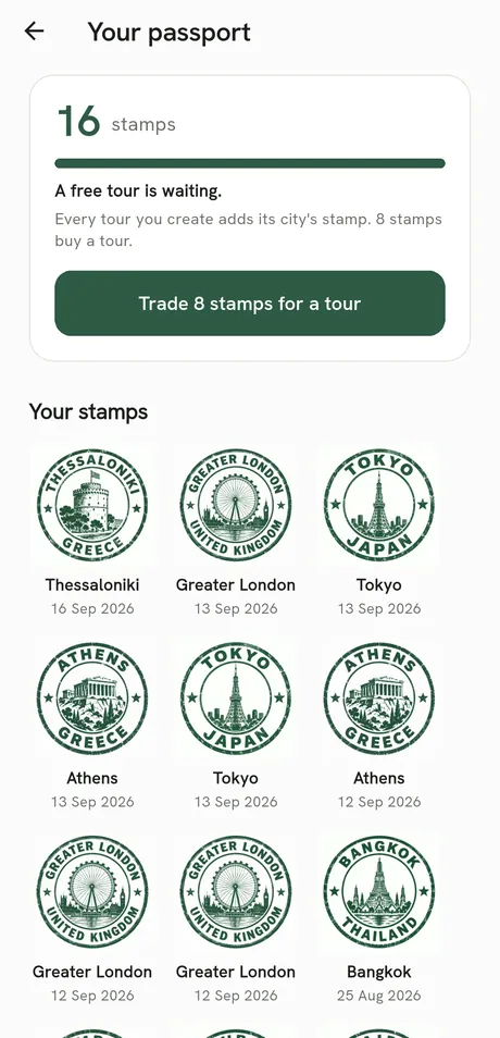 App screen: the passport — 16 city stamps, a free tour waiting and a Trade 8 stamps for a tour button