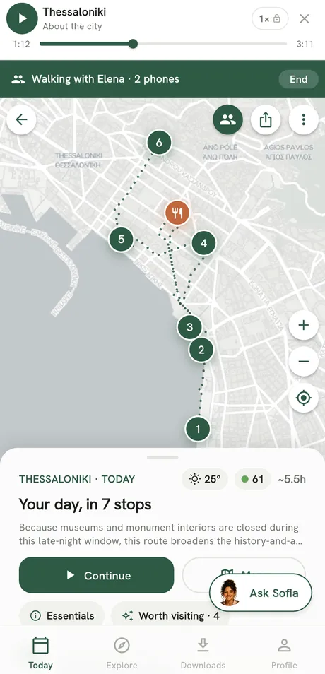 App screen: the city narration playing under a Walking with Elena · 2 phones banner